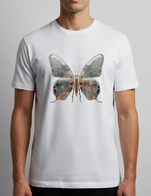 Ryu Tanaka Mecha Morpho No 03 liquid silver metal butterfly art on black heavyweight organic t-shirt