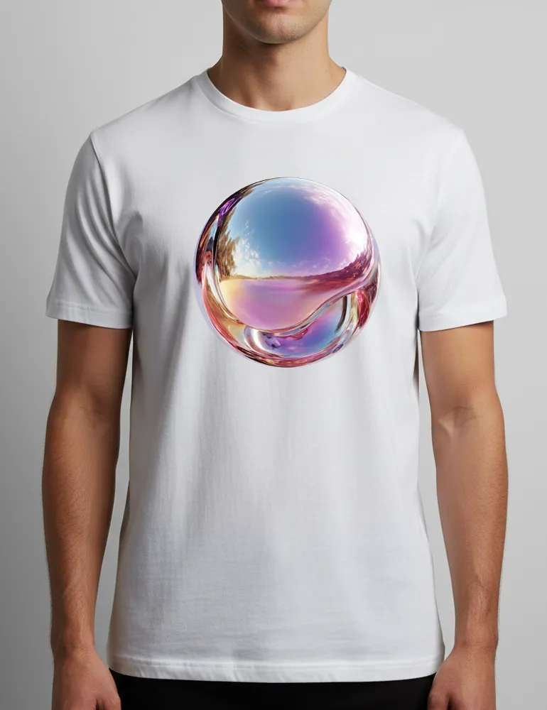 Ryu Tanaka Iridescent Echo No 05 isolated 3D holographic chrome sphere on white organic t-shirt
