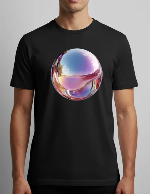 Ryu Tanaka Iridescent Echo No 05 isolated 3D holographic chrome sphere on white organic t-shirt