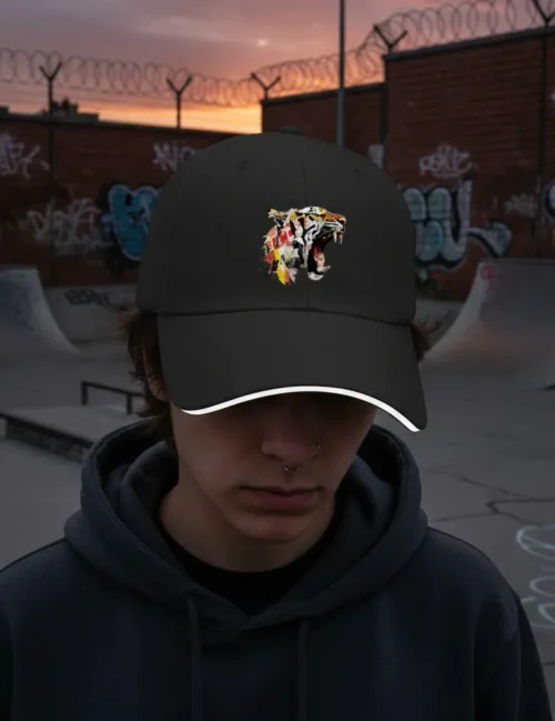A streetwear enthusiast in a Berlin urban setting wearing the Kaelo X tiger art cap and oversized hoodie
