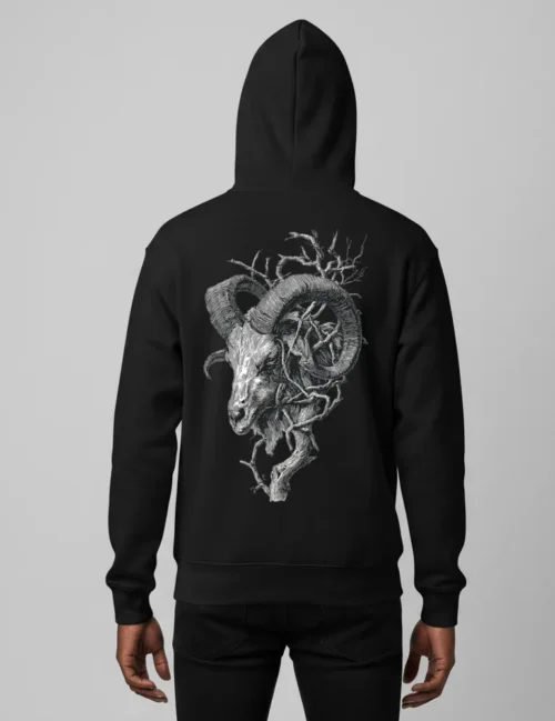 Seraphina Black Krampus Horns No 03 woodcut engraving art on premium black organic hoodie