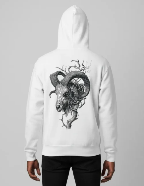 Seraphina Black Krampus Horns No 03 woodcut engraving art on premium black organic hoodie