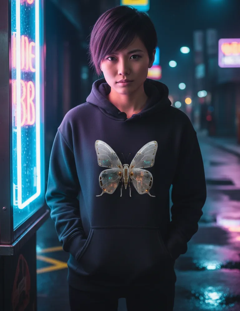 Mecha Morpho No. 03 – Liquid Chrome & Glass Circuit Butterfly Hoodie | Ryu Tanaka Signature Series