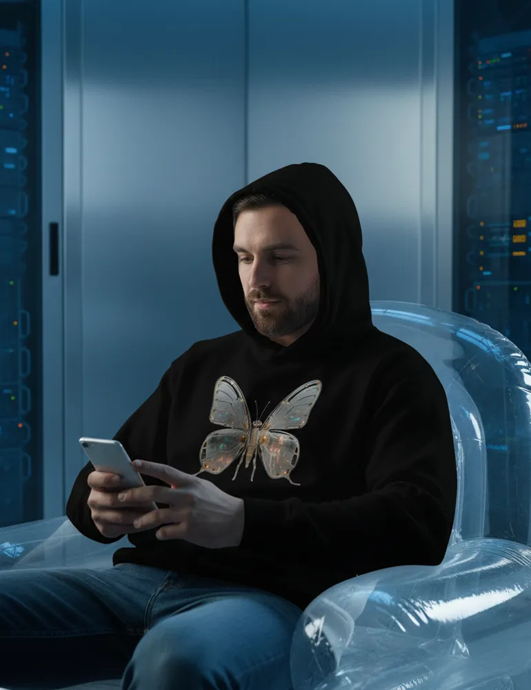 Mecha Morpho No. 03 – Liquid Chrome & Glass Circuit Butterfly Hoodie | Ryu Tanaka Signature Series