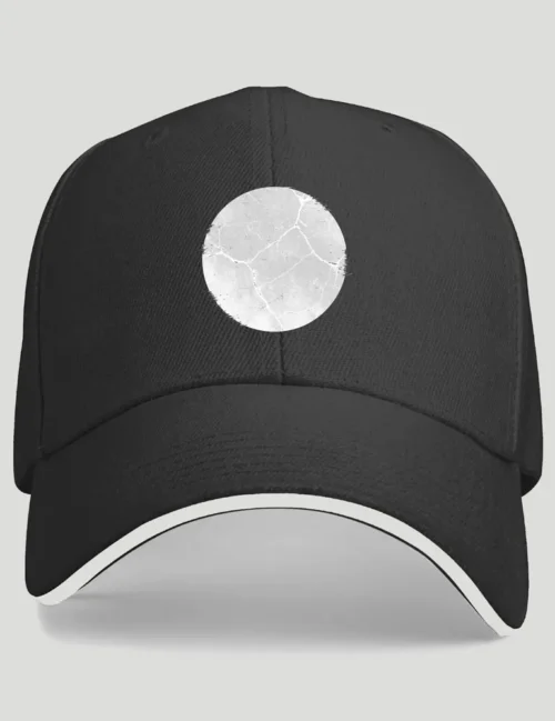 Julian Hayes Absolute Zero No 01 distressed black circle art on white cotton baseball cap