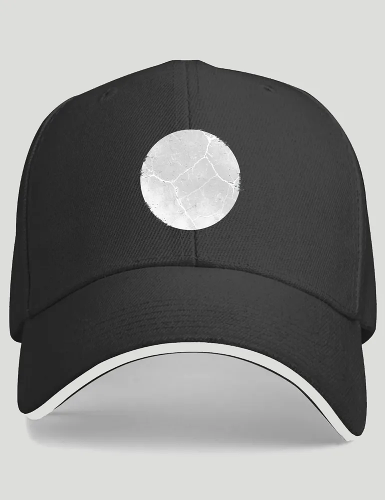Julian Hayes Absolute Zero No 01 distressed black circle art on white cotton baseball cap