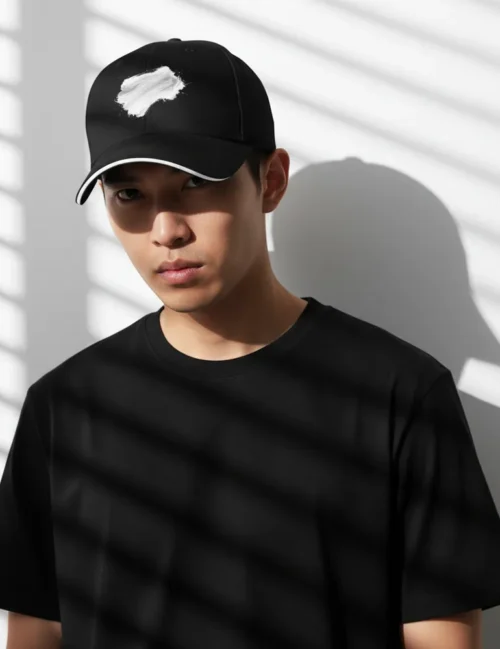 A creative professional in a sun-drenched minimalist studio wearing the Kinetic Silence art cap
