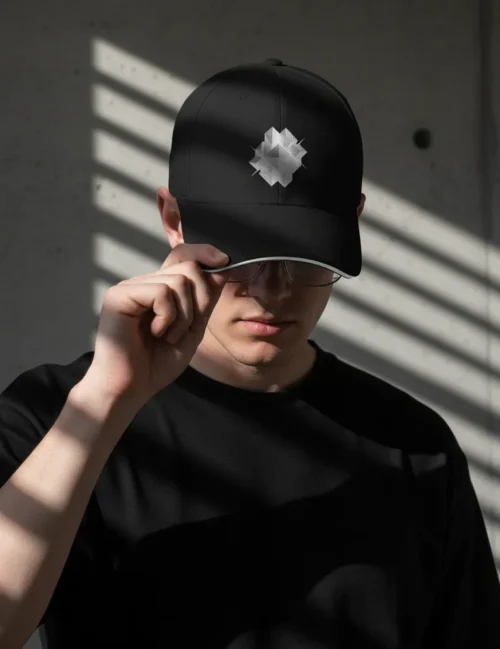 A minimalist architect standing before a concrete wall wearing The Construct art cap
