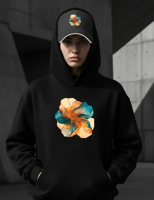 Una persona a la moda en un balcón mediterráneo luciendo la gorra con el diseño Solar Flare durante la hora dorada.