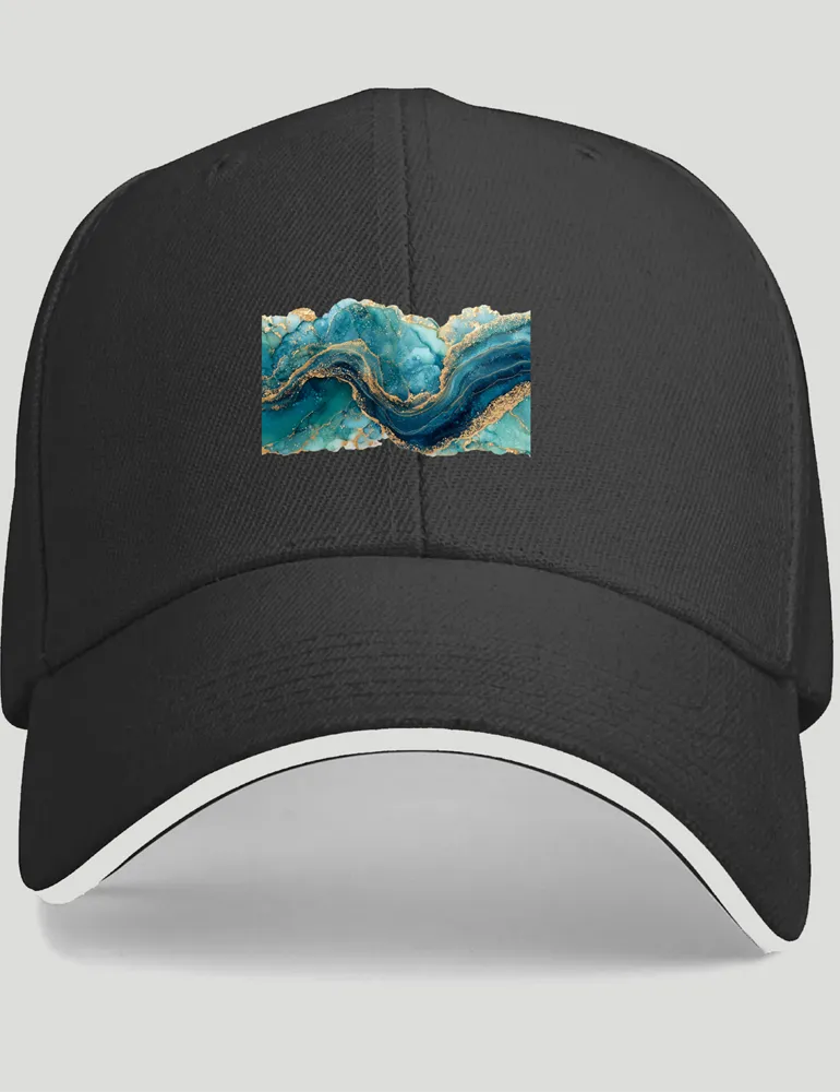 Elara Vane Mosaic Soul No 10 terracotta and azure art on black 420G polyester baseball cap