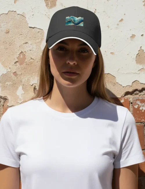 An artist in a sun-drenched stone courtyard wearing the Mosaic Soul art cap