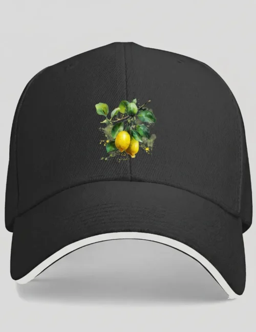 Elara Vane Citrus Solstice No 11 lemon watercolor art on white cotton baseball cap