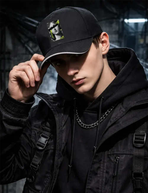 A streetwear collector in an industrial Berlin setting wearing the Kaelo X Censored Muse cap