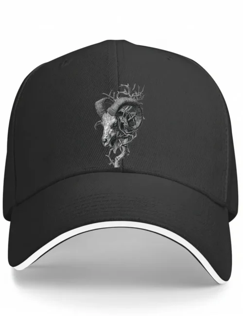 Seraphina Black Krampus Horns No 03 woodcut art on black cotton baseball cap