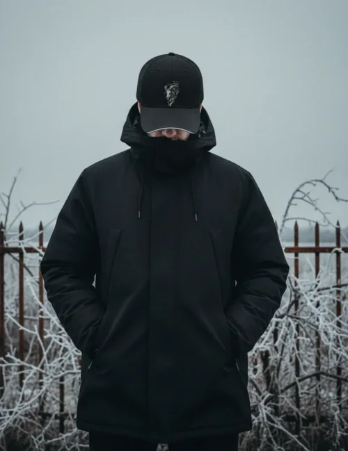 A person in a moody urban alleyway wearing the Krampus art hat and a wool overcoat