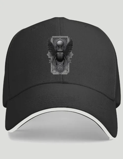 Seraphina Black Sacred Beetle No 04 scarab etching art on black cotton baseball cap