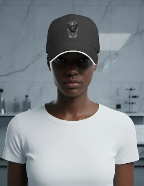 View of the premium adjustable strap and Seraphina Black artist tag inside the hat