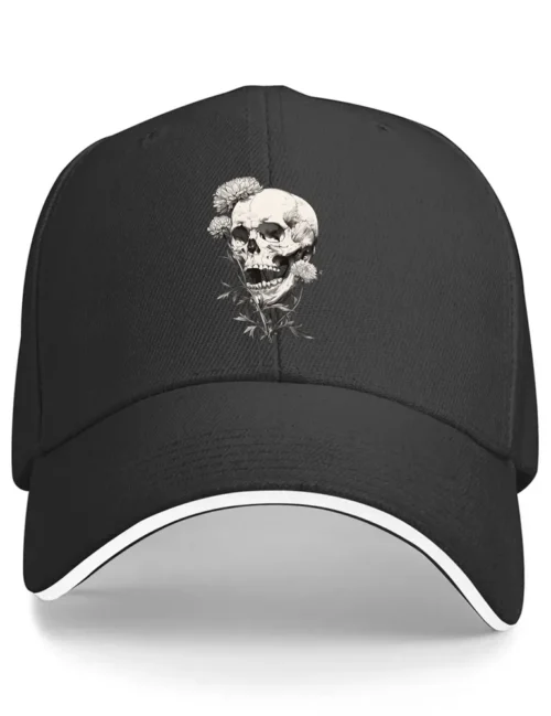 Seraphina Black Deadly Flora No 07 skull and flower art on black cotton baseball cap