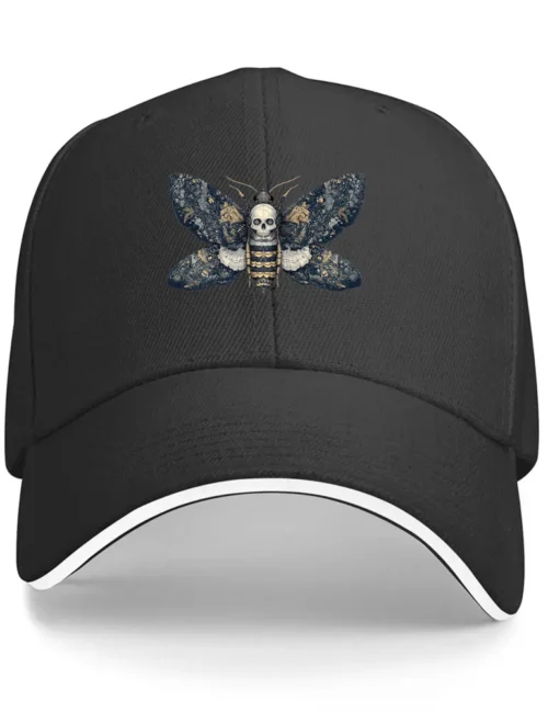 Seraphina Black Silent Witness No 08 moth etching art on black cotton baseball cap