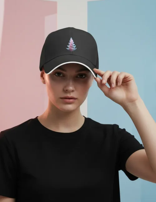 A Gen Z model in a minimalist neon-lit studio wearing the Radiant Spiral art cap
