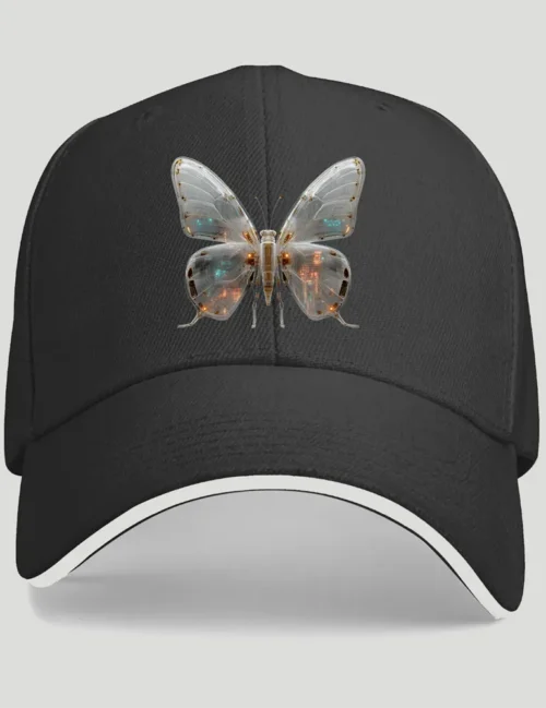 Ryu Tanaka Mecha Morpho No 03 3D liquid chrome butterfly print on black 420G polyester baseball cap