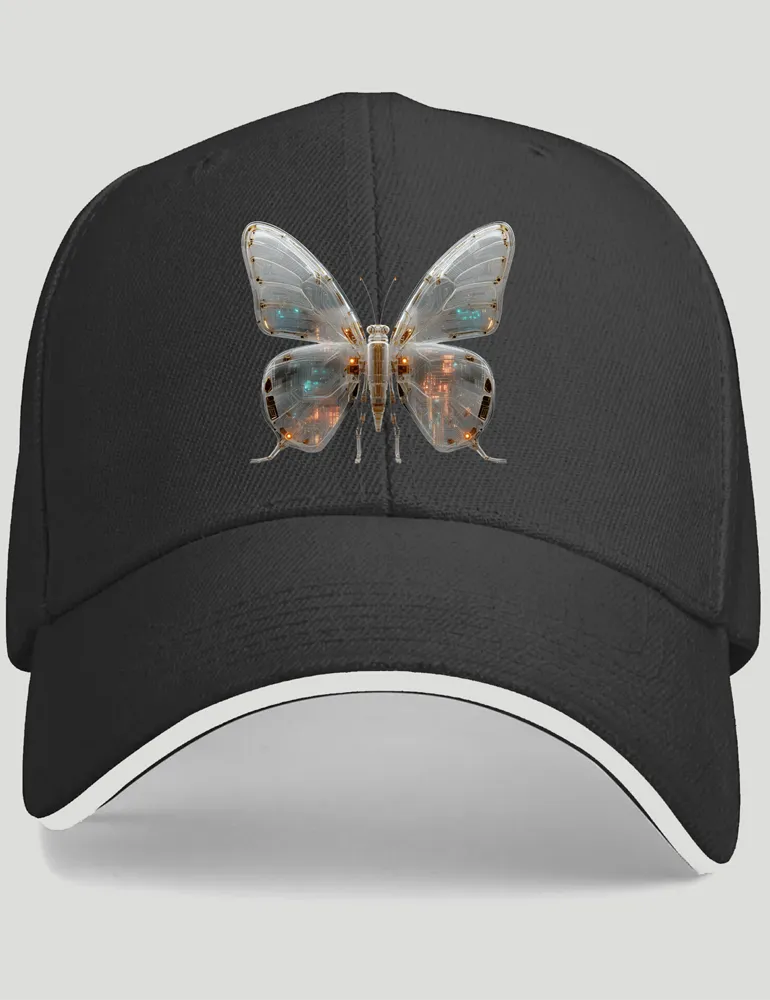 Ryu Tanaka Mecha Morpho No 03 3D liquid chrome butterfly print on black 420G polyester baseball cap