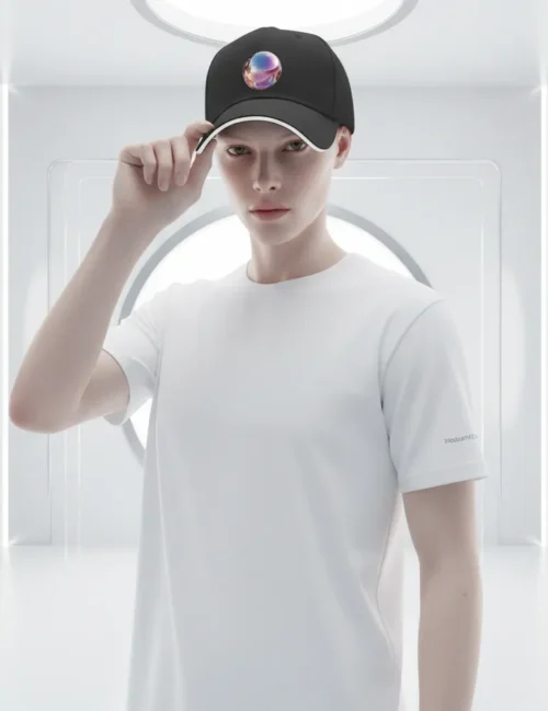 A fashion-forward model in an all-white minimalist studio wearing the Iridescent Echo art cap
