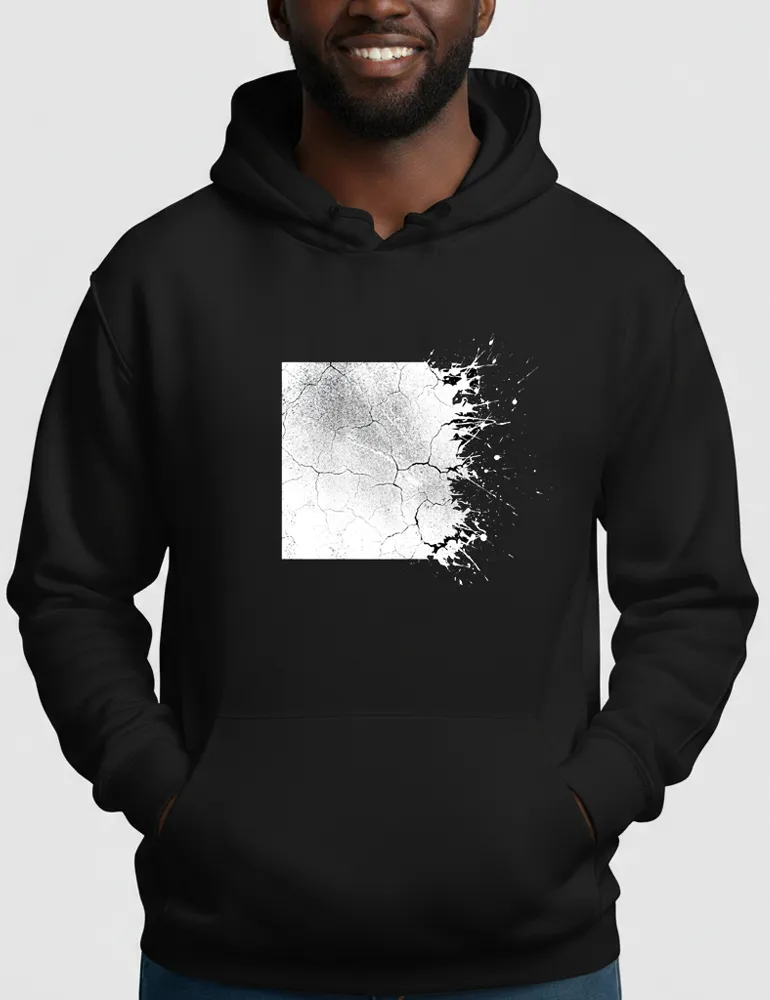 Julian Hayes Eroded Order No 05 black distressed square graphic on white premium organic hoodie