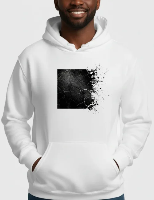 Julian Hayes Eroded Order No 05 black distressed square graphic on white premium organic hoodie