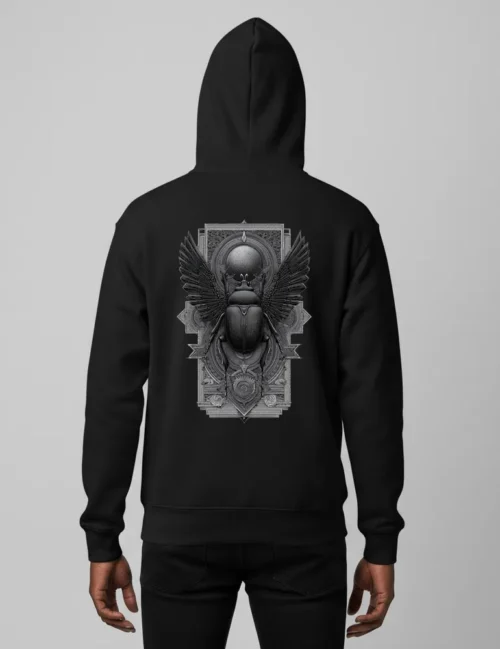 Person from behind wearing Seraphina Black sacred beetle etching on black heavyweight hoodie