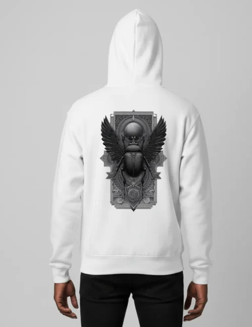 Person from behind wearing Seraphina Black sacred beetle etching on black heavyweight hoodie