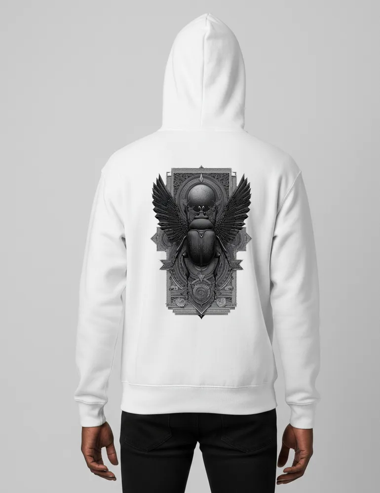 Person from behind wearing Seraphina Black sacred beetle etching on black heavyweight hoodie