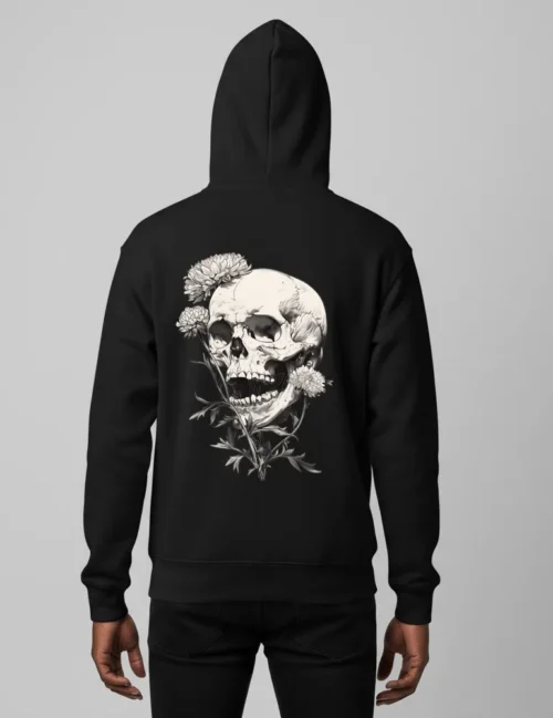 Person from behind wearing Seraphina Black Deadly Flora etching on black heavyweight hoodie