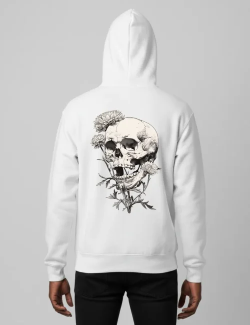 Person from behind wearing Seraphina Black Deadly Flora etching on black heavyweight hoodie