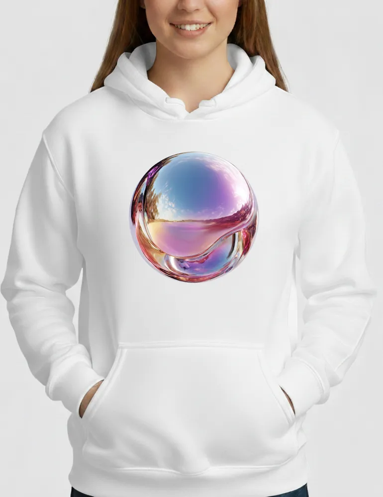 Ryu Tanaka Iridescent Echo No 05 3D holographic sphere on white heavyweight organic hoodie