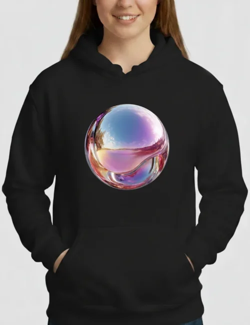 Ryu Tanaka Iridescent Echo No 05 3D holographic sphere on white heavyweight organic hoodie