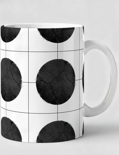 Julian Hayes Absolute Zero No 01 black distressed circle art on white ceramic mug