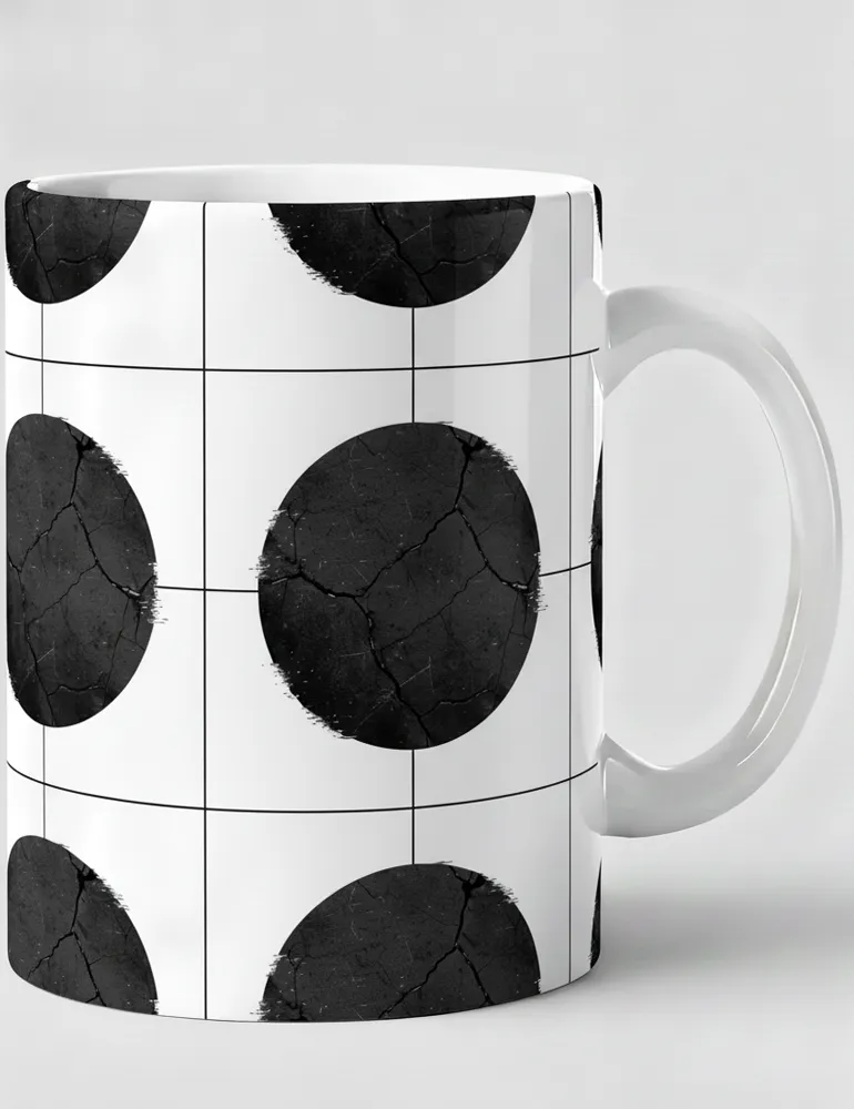 Julian Hayes Absolute Zero No 01 black distressed circle art on white ceramic mug
