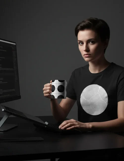 A person holding the Absolute Zero art mug in a minimalist high-tech office