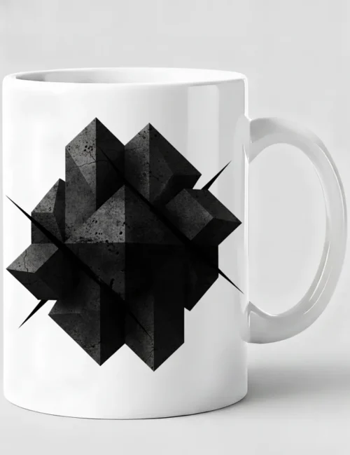 Julian Hayes The Construct No 01 black geometric cubes art on white ceramic mug