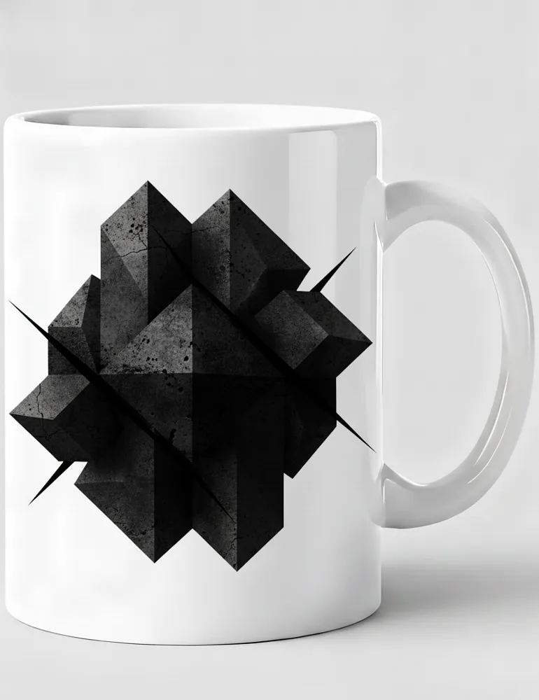 Julian Hayes The Construct No 01 black geometric cubes art on white ceramic mug
