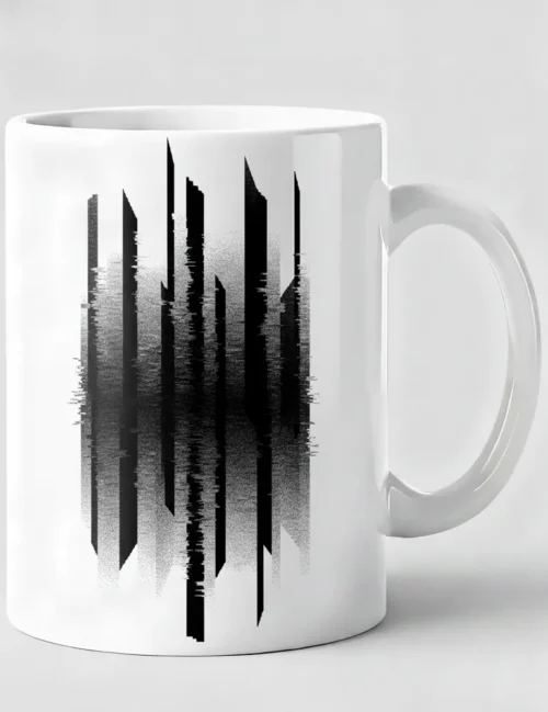 Julian Hayes Vertical Interference No 04 black glitch art on white ceramic mug