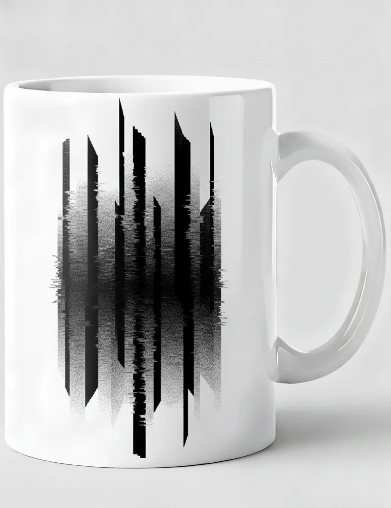 Julian Hayes Vertical Interference No 04 black glitch art on white ceramic mug
