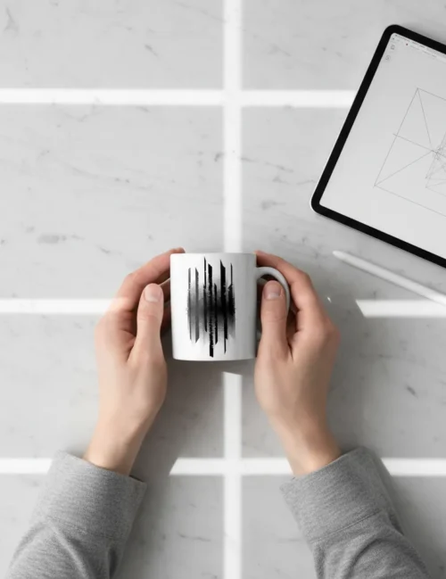 Detail of a hand holding the vertical abstract mug next to a mechanical keyboard and a silver tablet