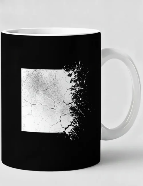 Julian Hayes Eroded Order No 05 black distressed square art on white ceramic mug.
