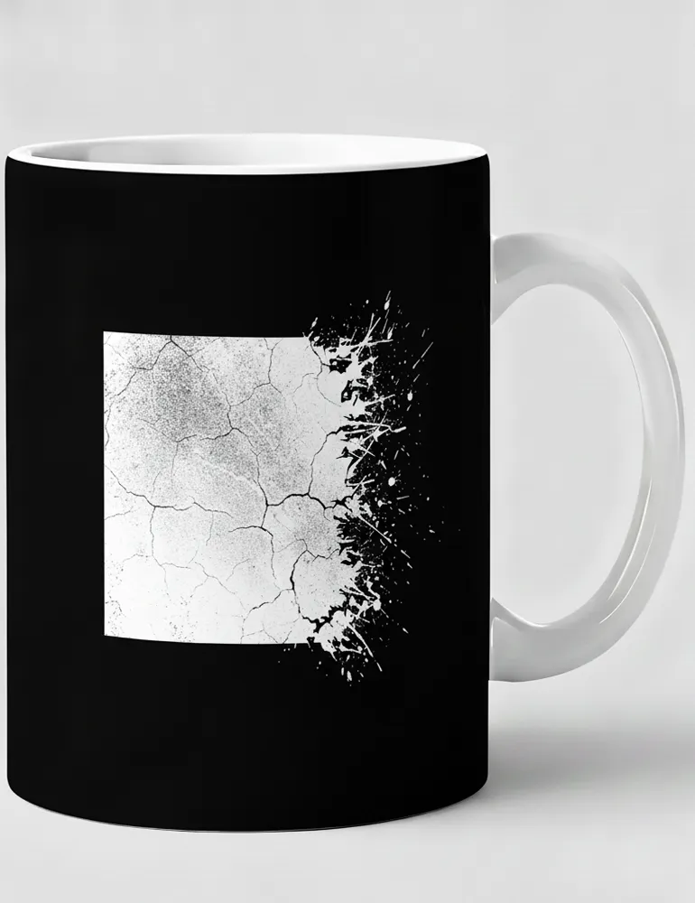 Julian Hayes Eroded Order No 05 black distressed square art on white ceramic mug.