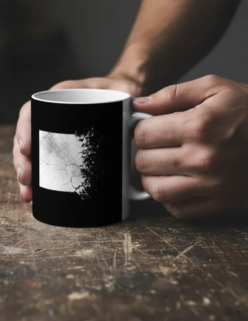 A person holding the Julian Hayes eroded art mug in a gritty industrial loft setting.