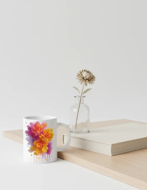A person holding the Ethereal Whisper art mug in a bright minimalist sunroom with plants