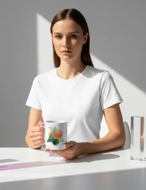 A creative professional holding the Solar Spectrum art mug in a bright modern studio