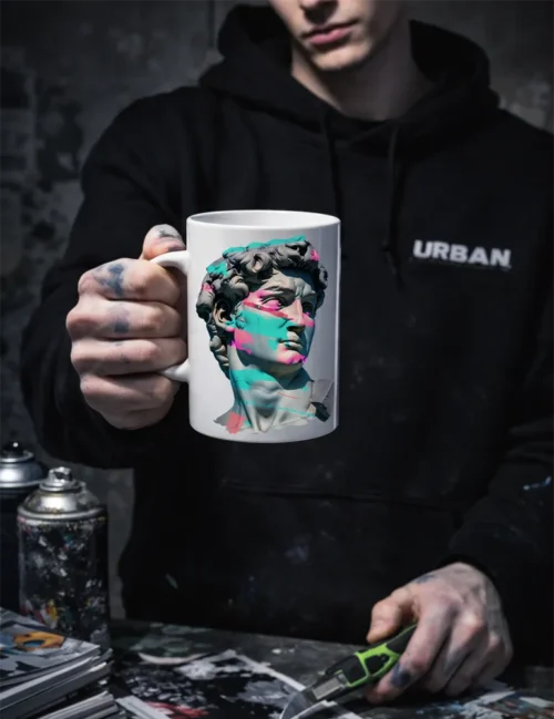 A creative professional holding the Urban Anthem art mug in a studio with graffiti-covered walls